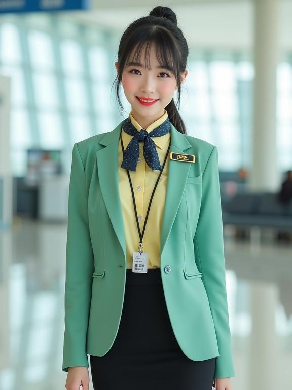 Full body image of female airport ground staff. She wears a pastel-yellow long-sleeve blouse and a jade-green blazer. The outfit includes a black pencil skirt. Footwear is black closed-toe pumps. Her hair is styled in a bun. She has light makeup and red lips. The background shows an airport terminal setting.