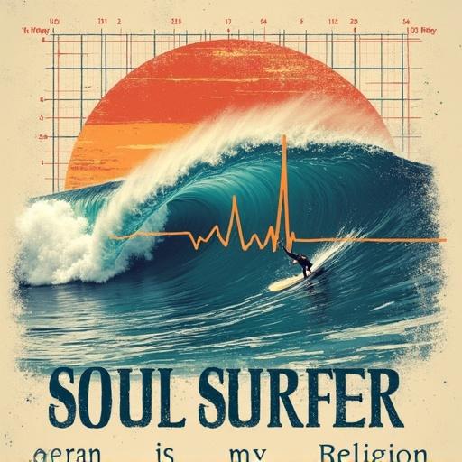 Surfing shirt design features surfer on wave with heartbeat line and sunset in background. Text reads 'SOUL SURFER' and 'Ocean is my religion'. Vintage aesthetic captures connection to sea.