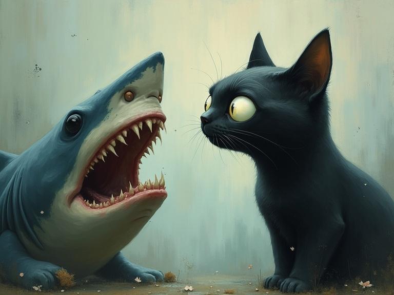 Surreal whimsical painting features a black cat with big glossy eyes observing a shark with an open mouth. The scene has soft blended textures with a muted dreamlike background that creates an eerie yet playful atmosphere. It includes subtle shading, delicate highlights, and painterly brushstrokes.