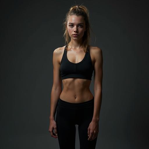 A dark image of a fit young woman in a sports top. She stands tall with a focused expression. Perfect stomach muscles are visible. She wears running shoes and no other clothing.