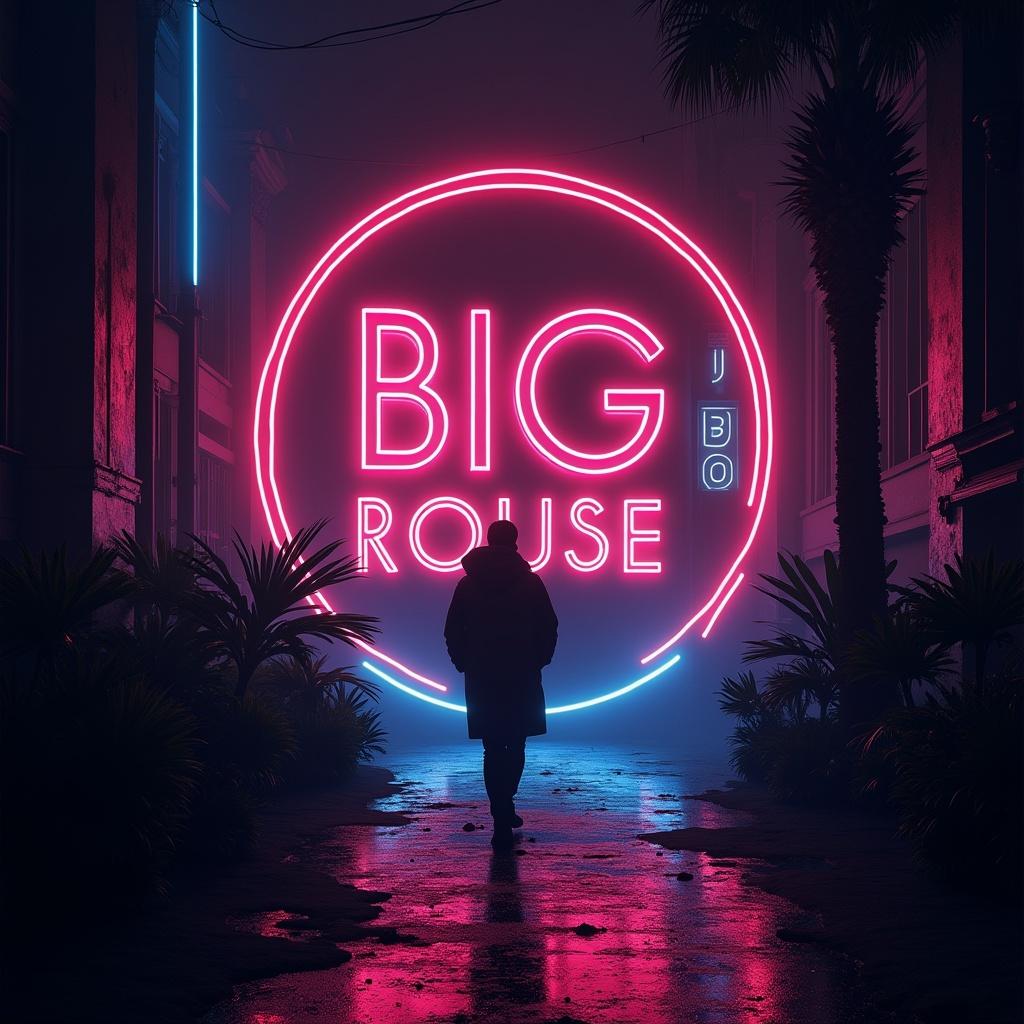 Dark scene with neon art featuring the text 'Big Room House DJ Droptronixx'. Mysterious atmosphere with a figure walking towards the neon sign.