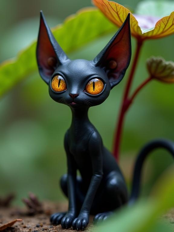 Image of a black fantasy creature with cat-like form. Set against green leaves. Its eyes are amber-orange with exquisite details. The creature has long ears, a small snout, and a slender body. Mysterious setting implies an enchanting atmosphere.