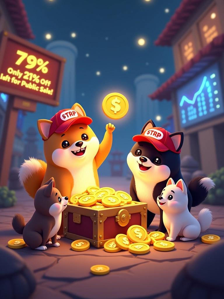 Create an animated scene with Shiba Inu dogs in various fur colors. Characters wear red caps with $TRP labels. They gather around a glowing chest full of $TRP tokens. A sign nearby states '79% Gone, Only 21% Left for Public Sale!' The golden Shiba raises a token. The black Shiba points to the sign. White and brown Shibas collect remaining tokens. The backdrop shows a futuristic marketplace.