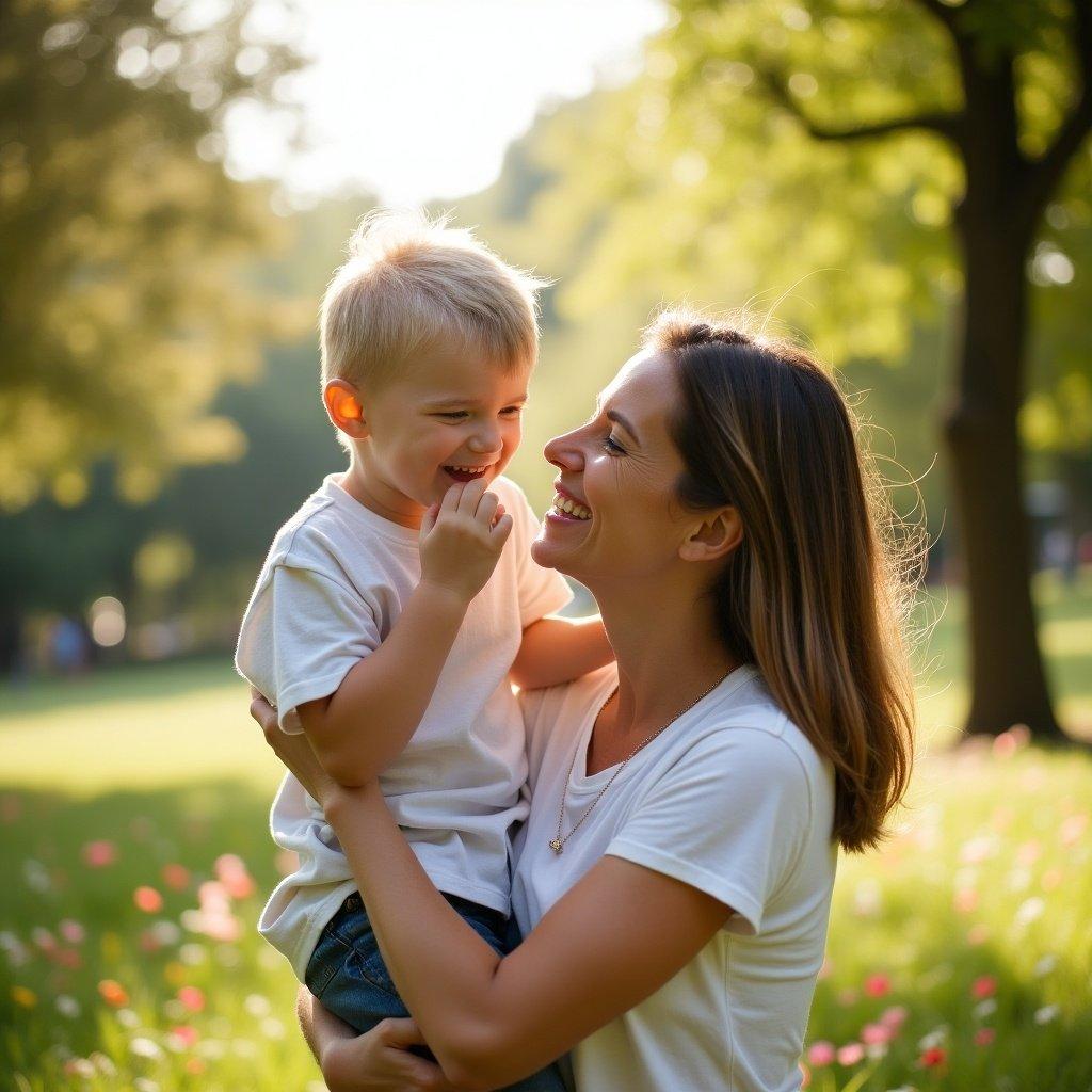 The image captures a mother holding her young son in a sunny park. Both are smiling at each other with joyful expressions. The background is filled with greenery and flowers.