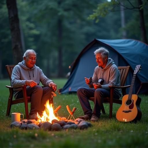 Serene camping scene with two men sitting around a campfire in a grassy area. The men are relaxing while roasting hot dogs over the flames. A blue tent is visible behind them, with a guitar leaning against it. Grass is slightly dewy from the cool morning air. The firelight creates a warm ambiance amidst the cool forest surroundings.
