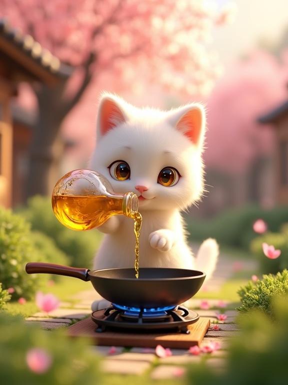A fluffy white anthropomorphic cat pours golden oil into a black frying pan on a stove. The cat has bright curious eyes. The setting is a vibrant Japanese garden with green plants and cherry blossom trees. Pink sakura petals fall around. Background features blurred traditional houses. The scene has warm golden sunlight.