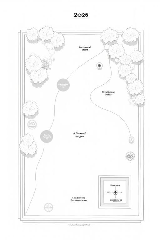 A clean top-down line-art diagram of a 1-hectare off-grid property in Australia. Features include a rectangular plot, flat area marked for a shelter, sunny spot for solar panels, low-lying area for a rainwater tank, 10-meter firebreak zone. Includes a small compass rose and icons for eucalyptus trees and rocky terrain. Simple black-and-white schematic style with clear labels.