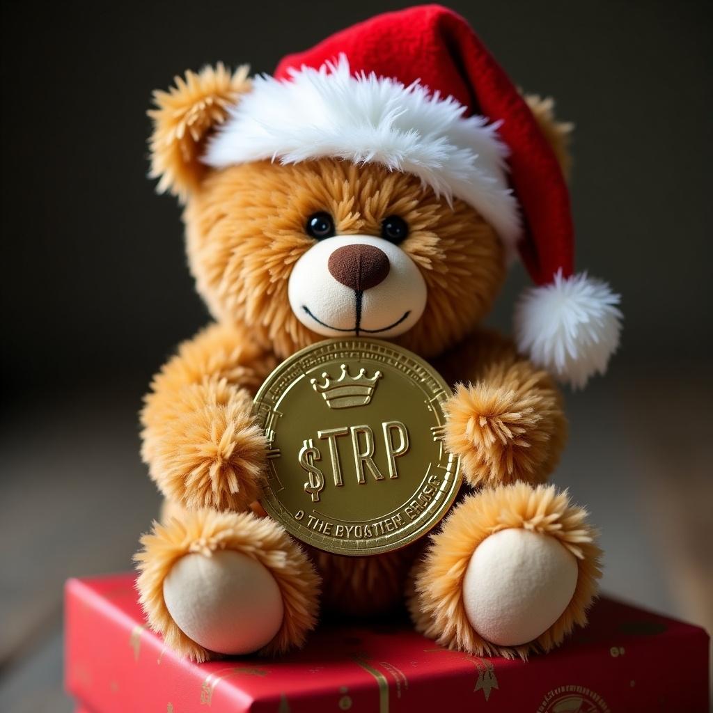 A teddy bear in a Santa hat holds a coin called $TRP on top of a wrapped gift.