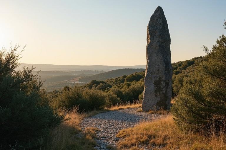 Menhir stands tall at two meters high. Made of dark granite. Surrounded by calm and strong presence of tall shrubs. Stony ground features sparse wild herbs. Evening light illuminates Southern France landscape in spring.