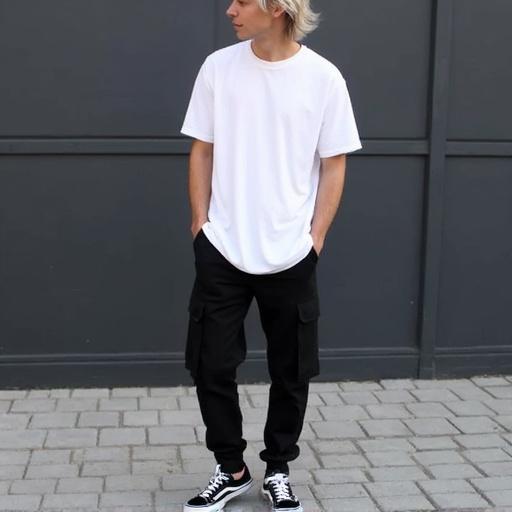 Person poses casually in oversized white t-shirt and black cargo pants. Black and white sneakers complete casual look. Light-colored hair styled casually. Standing on paved area against dark wall. Relaxed trendy outfit.