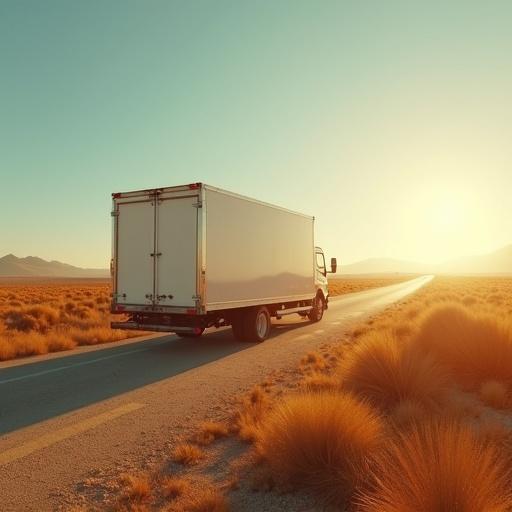 Wide angle view of a white cargo van on a desert road during sunset. Golden brown color scheme. Cinematic atmosphere.