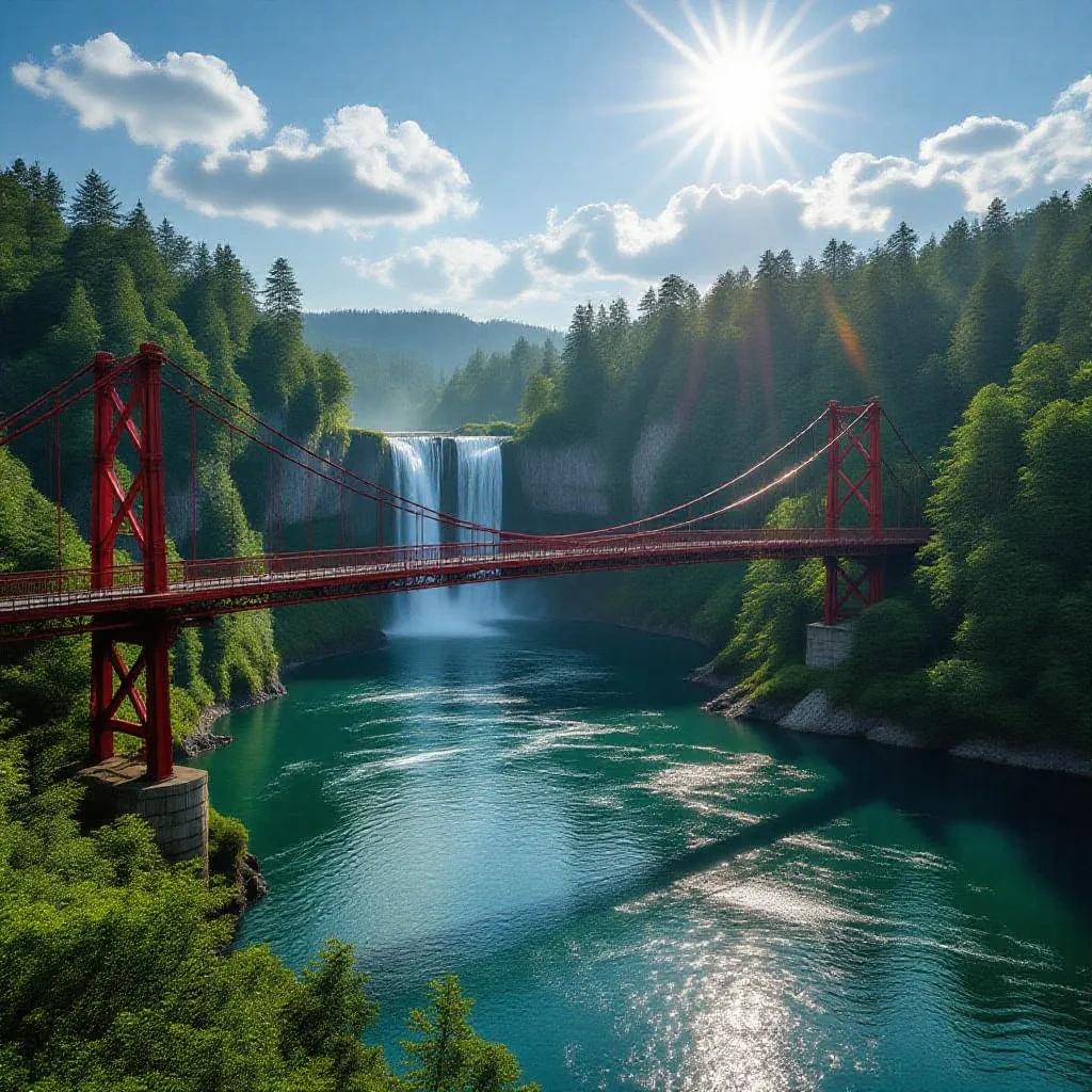 Scenic view showing red suspension bridge over water. Breathtaking waterfall cascading down cliffs into serene lake. Lush green landscape features dense trees. Calm lake surface reflects the sky. Bright sun casts warm light creating sparkle. Peaceful natural scene inspires awe.