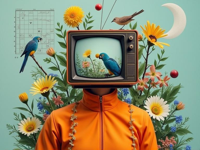 Surreal collage-style artwork featuring a person in a bright orange outfit with a vintage television for a head displaying a natural scene. The figure is surrounded by vibrant flowers and plants. A scientific diagram is in the upper left corner, with a crescent moon in the background. The scene incorporates elements of nature, technology, and imagination, against a calming turquoise background.
