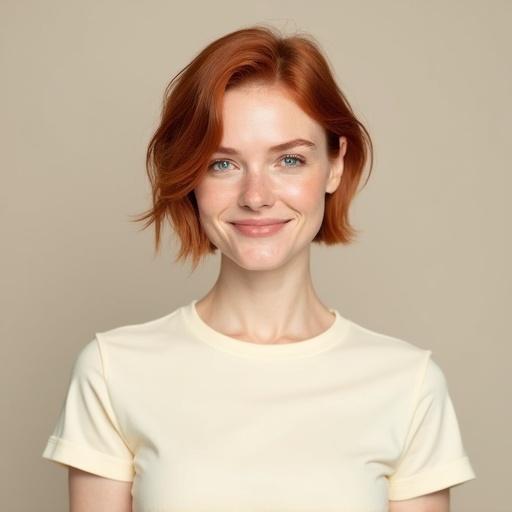 High resolution photorealistic portrait of a redhead woman with short hair. Wearing a plain cream-colored T-shirt with short sleeves. Image framed from head to just below the chest. Both head and chest fully visible. Upper arms slightly visible at the sides. Subject centered in the image with no cropping at the edges. Full frontal view with no head or body rotation. Clean-shaven face with a genuine smile. Natural skin texture with subtle freckles. Feminine oval face shape, striking blue eyes, natural red hair. Well-lit with soft, even lighting. Simple solid background. Sharp details, realistic skin tones, subtle catchlights in the eyes. Minimalistic and clean composition.