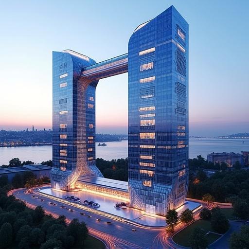 Futuristic twin buildings as high-tech AI data center in Istanbul Turkey. Architecture is ultra-modern with sleek glass facades glowing lights sustainable materials. Two buildings with transparent skybridge. Background displays skyline of Istanbul with Bosphorus and historic silhouette. Located in Levent business district with traditional and modern architecture. Daytime scene clear skies. Buildings have smart surfaces visible cooling panels embedded digital patterns. Cinematic wide-angle shot high detail photorealistic inspired by Apple Park Tesla Gigafactory designs.