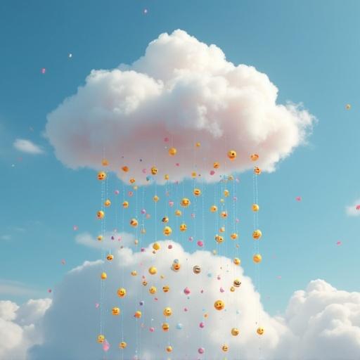 Colorful clouds shaped like emojis rain down confetti tears. Happy and playful scene. Bright sky and cheerful atmosphere. Digital artwork with lively colors. Unique and imaginative concept.