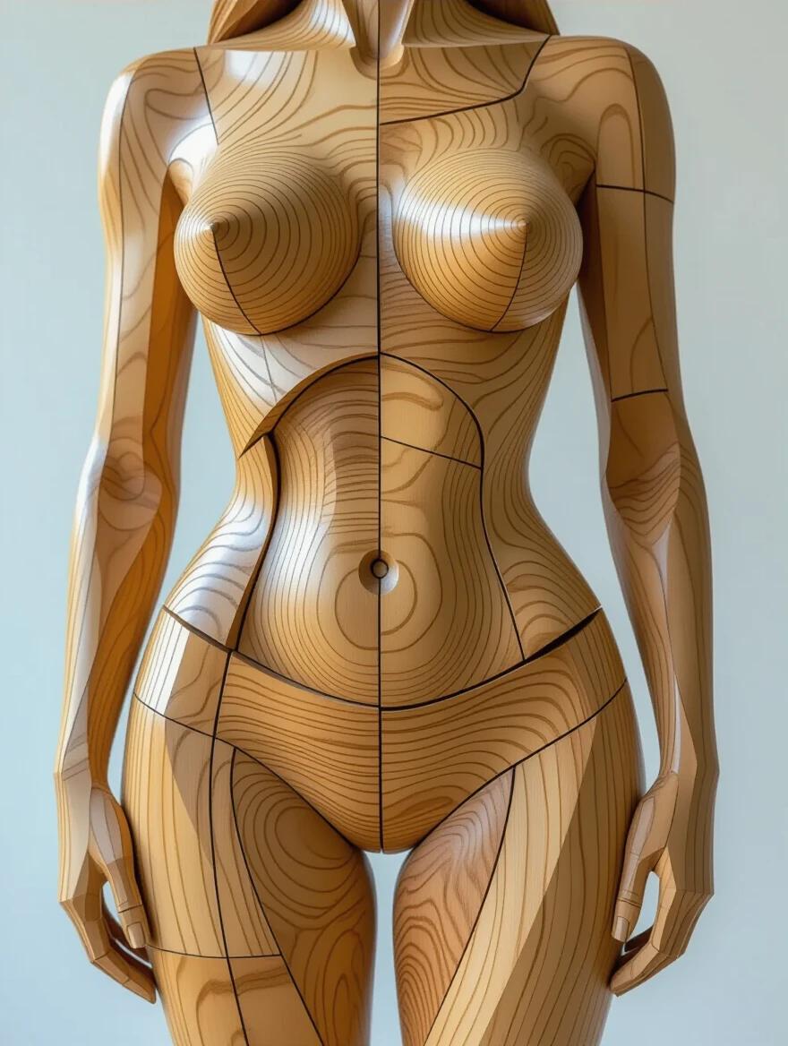 3D abstract wooden sculpture of a female figure. Detailed wood surfacing with natural curves. Art piece represents form and texture of wood. Positioned in front of a minimal wooden display. Natural lighting enhancing appearance. Sculpture blends artistic expression with raw materials.