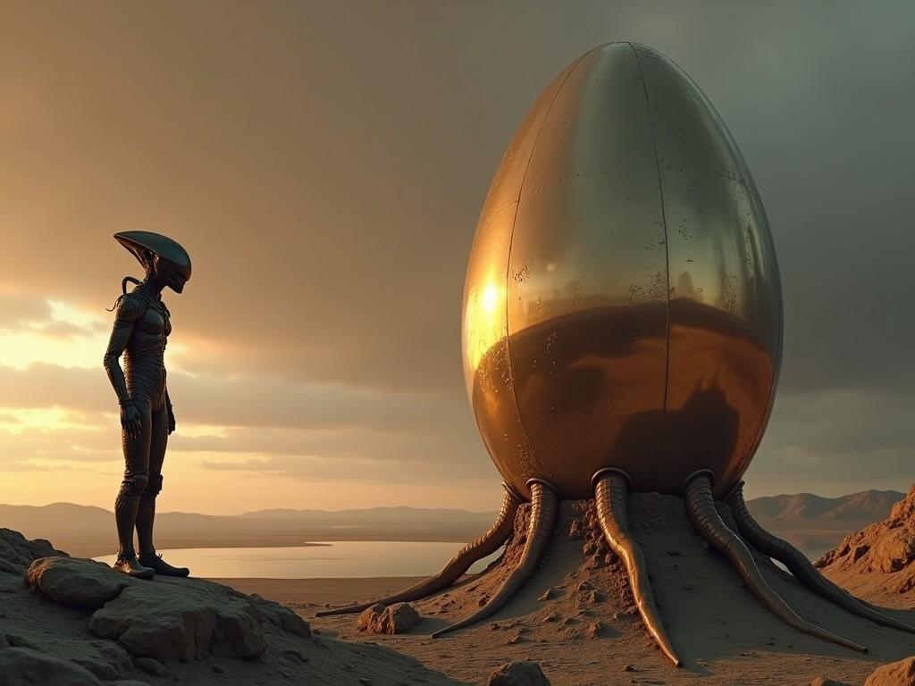 The image presents a surreal and imaginative scene set in a futuristic landscape. A humanoid alien figure stands before a massive golden egg-like structure. The environment suggests a barren yet otherworldly landscape, hinting at an adventure or discovery. The sky is filled with warm hues, indicating a sunset that adds to the dramatic feel of the scene. The overall composition conveys a sense of mystery and exploration, inviting viewers to wonder about the story behind the egg and its relation to the alien presence.