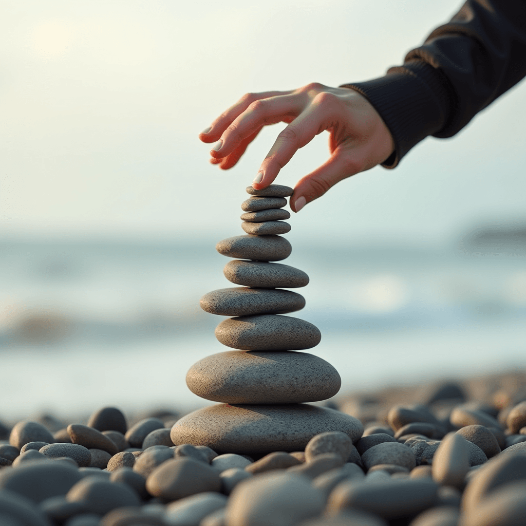 A hand delicately balances a tower of flat stones on a pebble-covered beach.