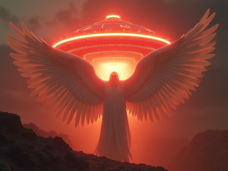 A white angel with shiny red eyes emerges from a saucer-shaped UFO in a hellish landscape.