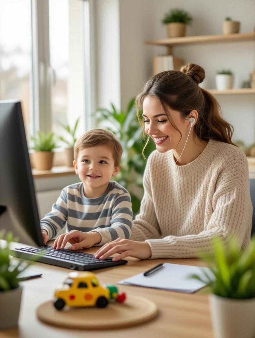 Young mother is on a work video call. She is smiling and talking with colleagues. Her son sits nearby playing with a toy. Room is bright with plants. High-quality photography presents natural colors.