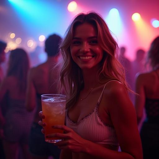Beautiful photo captures a lively party atmosphere featuring a young woman dancing in a club. She smiles and holds a drink, exuding joy and engagement. The background shows a crowd dancing under colorful lights, creating an energetic mood. Soft lighting highlights her wavy hair and stylish outfit, capturing nightlife and social interaction among friends.