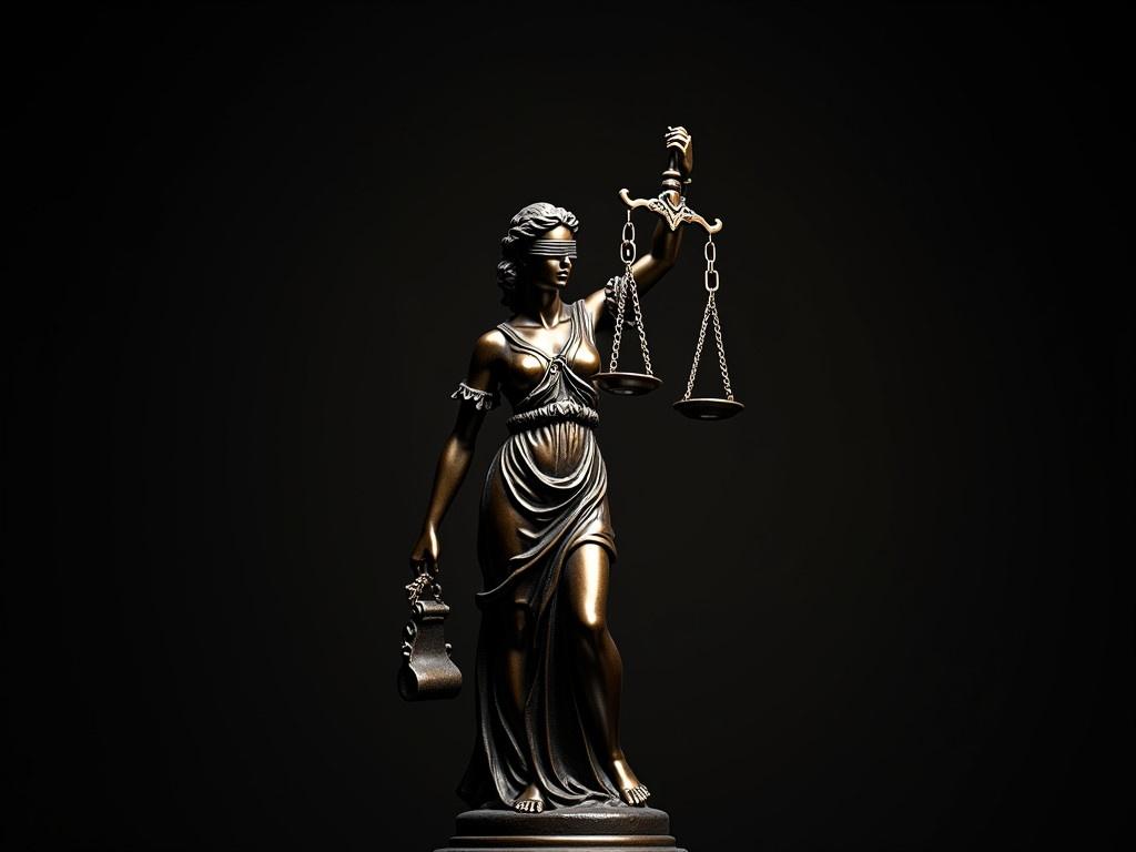 The image depicts a blind statue of justice, representing fairness and equality. The statue holds a pair of scales in one hand, symbolizing the weighing of evidence and balance in legal matters. The background is dark, contrasting with the metallic finish of the statue, which catches the light beautifully. The figure is draped in a classical robe, embodying the timeless concept of justice. This representation conveys the idea of impartiality, as the statue is blindfolded, indicating the objective nature of justice.