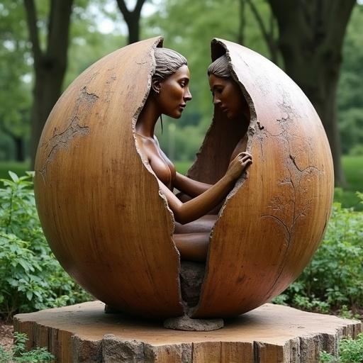 Wooden sculpture representing Plato's spherical humans story in a garden setting. Features a woman and man looking away with intertwined hands and legs, housed in a spherical shape.