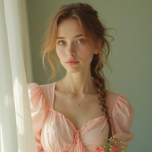 Super high fashion photography featuring a woman. Soft dreamy aesthetic with pastel tones and warm nostalgic color palettes. Blurred hazy effects with film grain creating a surreal quality. Whimsical props and floral arrangements in a domestic setting. Evokes nostalgia and ephemeral moments. Unposed shots with surrealist distortions.