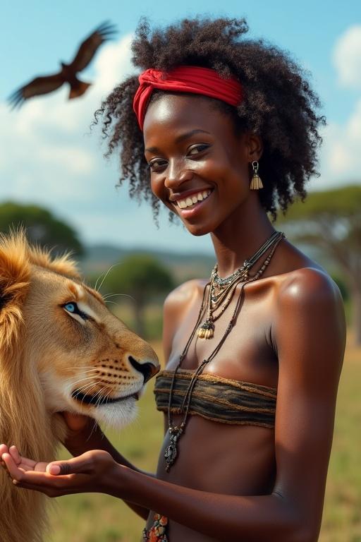 Portrait of an African woman smiling widely with blue eyes and curly hair wearing a red turban and tribal markings on her face and hands stroking the head of a lion in an indigenous village setting with trees and a flying eagle in the background.