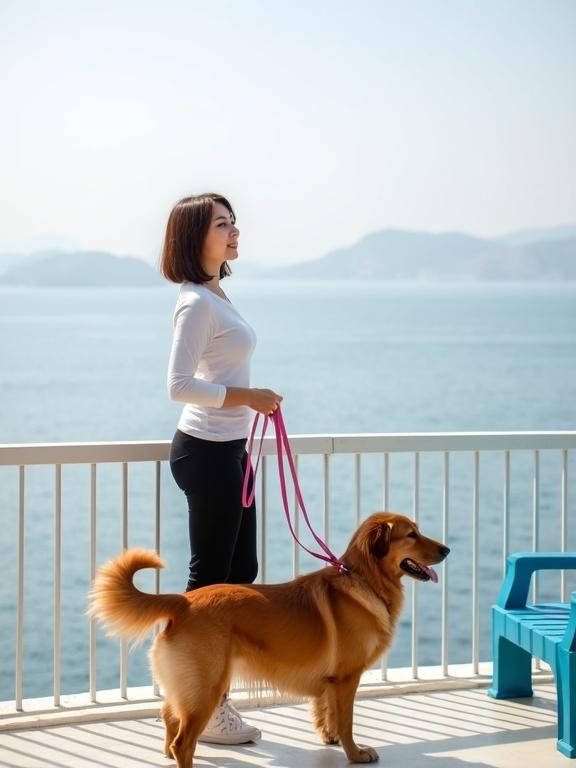 Photograph of a woman standing on a balcony overlooking the sea. Woman wearing white long-sleeve shirt and black pants. Holding pink leash attached to golden retriever. Woman looking to the side. Balcony with white railing and blue plastic bench on the right. Background shows calm sea with hazy horizon and distant hills. Natural light with soft shadows. Warm and serene atmosphere. Vertical composition. Modern and minimalist style. Casual and relaxed mood. Woman has short brown hair. Golden retriever standing and looking ahead. Bright and clear day.