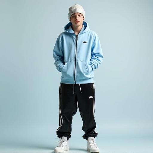 Full body portrait of a young male in a light blue tracksuit top and black track pants. He stands confidently with a beanie cap tilted. Bright white Nike Air trainers are worn loosely. The setting has a light blue background.