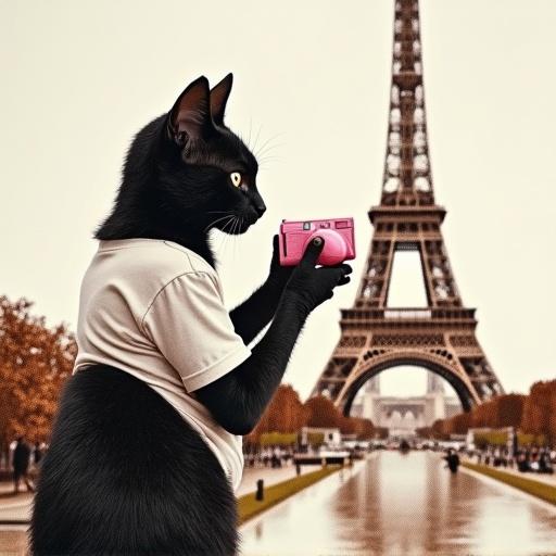 Realistic rendering of a young black kitten in a white t-shirt holding a pink camera in front of the Eiffel Tower. Background made of coffee beans. The Eiffel Tower is made of coffee beans. Artistic rendering.
