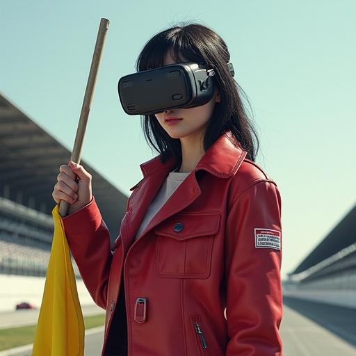 A woman wears VR goggles holds a yellow flag and a fire extinguisher on a racing circuit.