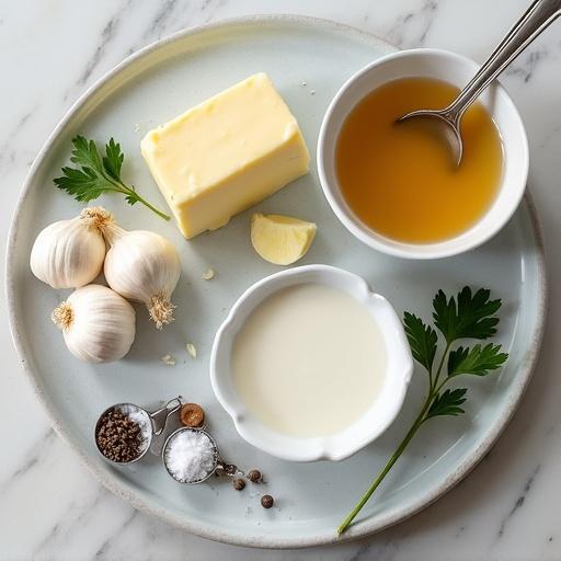 Showcase key ingredients for a creamy keto garlic sauce. Arrange butter, whole garlic heads, chicken broth, heavy cream, salt, black pepper, and parsley on a natural surface. Use bright natural daylight for the scene. Focus on the freshness and quality of ingredients with a sleek and modern style.