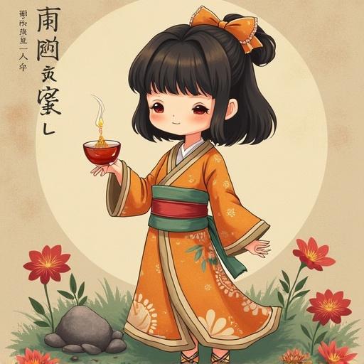 Cartoon character in a traditional Japanese kimono holding a cup of tea. Girl with cute features and a cheerful expression. Surrounded by flowers and stones. Bright colors and charming style.