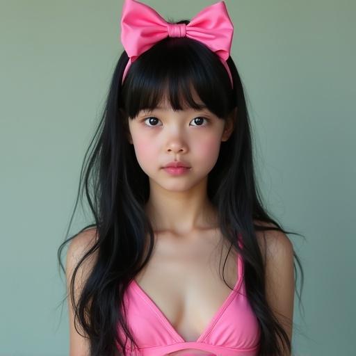 Photorealistic image of a young girl with long black hair and a pink bow. She wears a pink bikini. The setting features a soft light background.