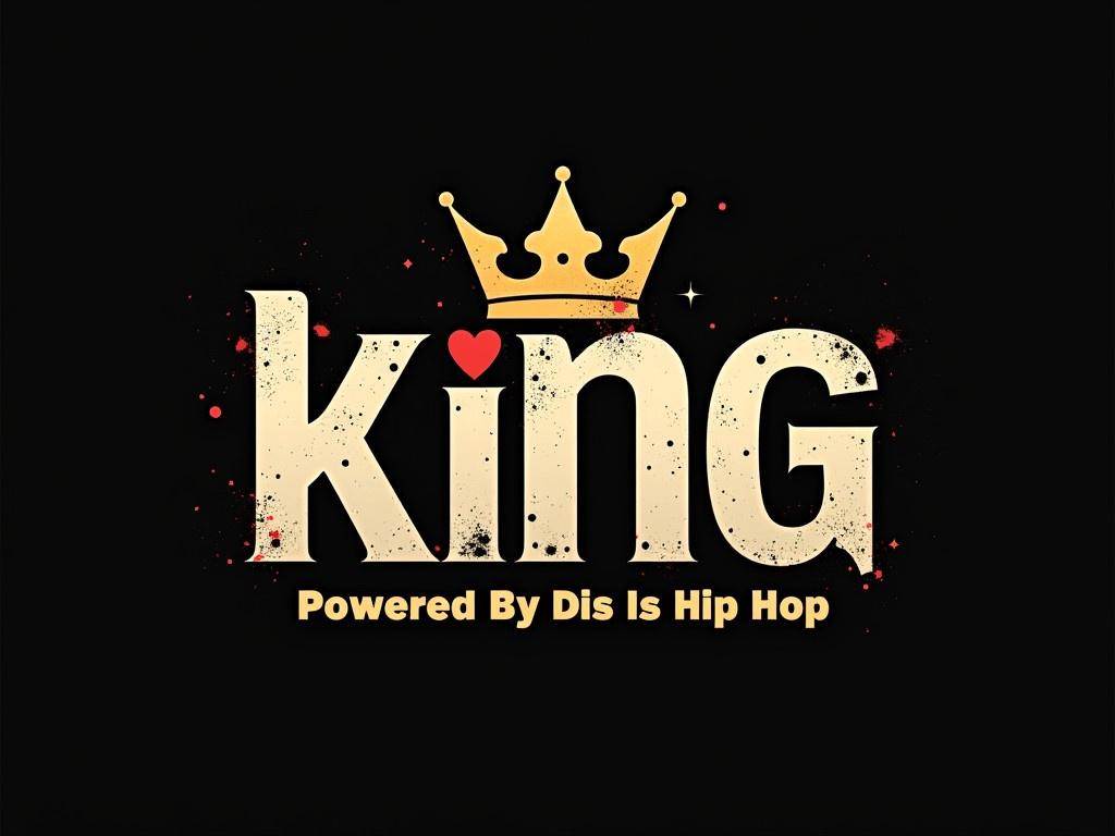 Create a modern and vibrant logo for 'Muzic King Blog Powered By Dis Is Hip Hop.' The design should exude creativity, energy, and a connection to hip-hop culture. Use bold typography for 'Muzic King Blog,' ensuring the word 'King' features a crown or a music-related icon integrated into it. For the tagline 'Powered By Dis Is Hip Hop,' select a sleek and smaller font, placing it either beneath or alongside the main title. Choose a color palette of gold, black, and white, adding accents of red or vibrant neon tones for an energetic touch. The overall look should be clean, professional, and adaptable for digital use.