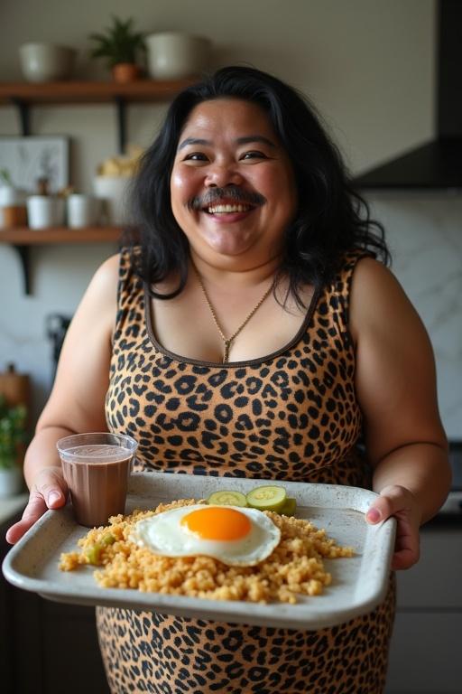 Joyful individual in leopard-print outfit holding a tray with special fried rice and chocolate milk. Modern kitchen background with studio lighting. Medium shot.