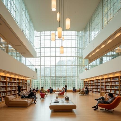 High quality photo of a spacious interior gallery in a Japanese public library filled with natural light. The space has soft, warm lighting and a contemporary design. People are reading and interacting in a comfortable environment.