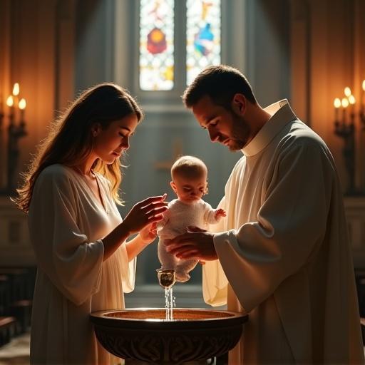 Photographic image depicting a Catholic baptism ceremony with mother holding baby girl to be baptized. Priest pours holy water from a silver amphora onto the baby's head. Baptismal font in the foreground. Baroque style church in the background featuring candles and chiaroscuro lighting.