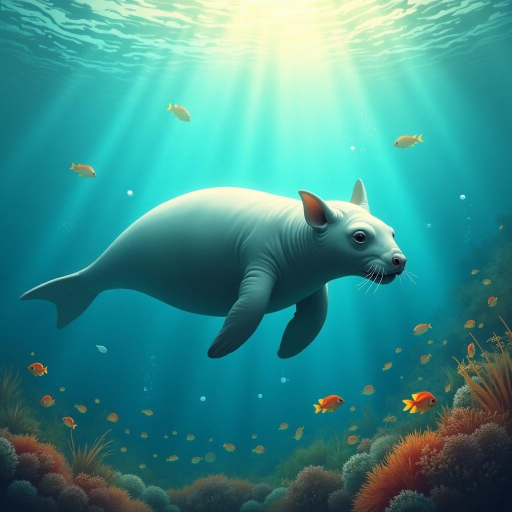 The image portrays a serene underwater scene dominated by a dugong swimming gracefully in turquoise waters. The dugong, with its smooth silvery-gray skin, is surrounded by vibrant seagrass beds. Colorful fish swim around it, adding dynamic movement to the tranquil setting. Sunlight breaks through the water surface, creating beautiful golden rays that illuminate the dugong's form. In the background, faint coral reef outlines enhance the depth of the underwater habitat. The composition exudes a sense of harmony and highlights the importance of marine conservation.