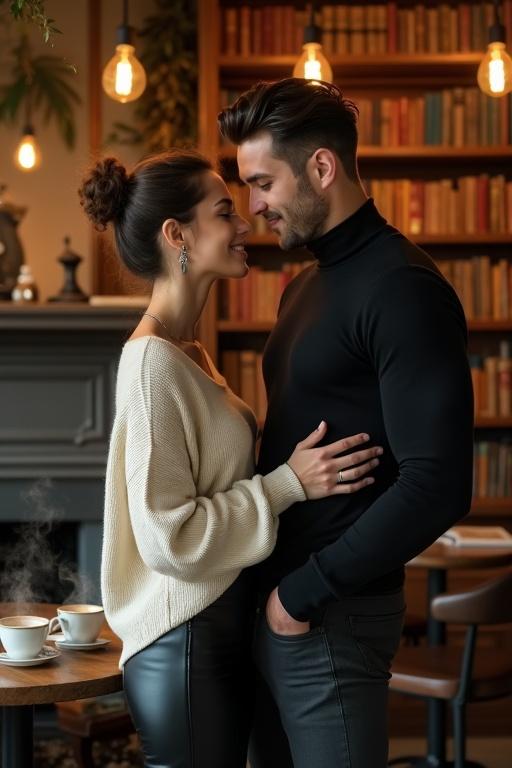 Two attractive figures stand close together in a cozy bookstore cafe. One figure has long graceful neck, flawless skin, oversized sweater, and fitted leather pants. The other figure has a muscular build, wears a dark turtleneck and tailored trousers. Both figures share a close affectionate gaze while standing against bookshelves filled with books. Warm light from Edison bulbs creates a golden glow. Steam rises from two untouched lattes on a nearby table. Professional portrait photography with shallow depth of field.