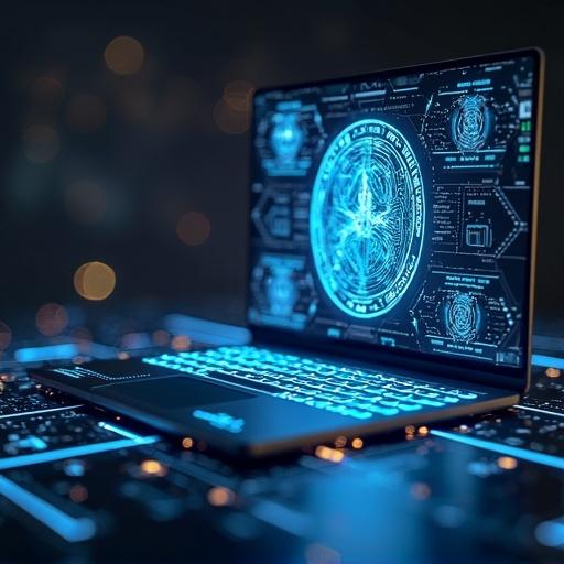 A digital 4k representation of a holographic laptop displaying intricate AI details integrated with coding elements and digital visuals.
