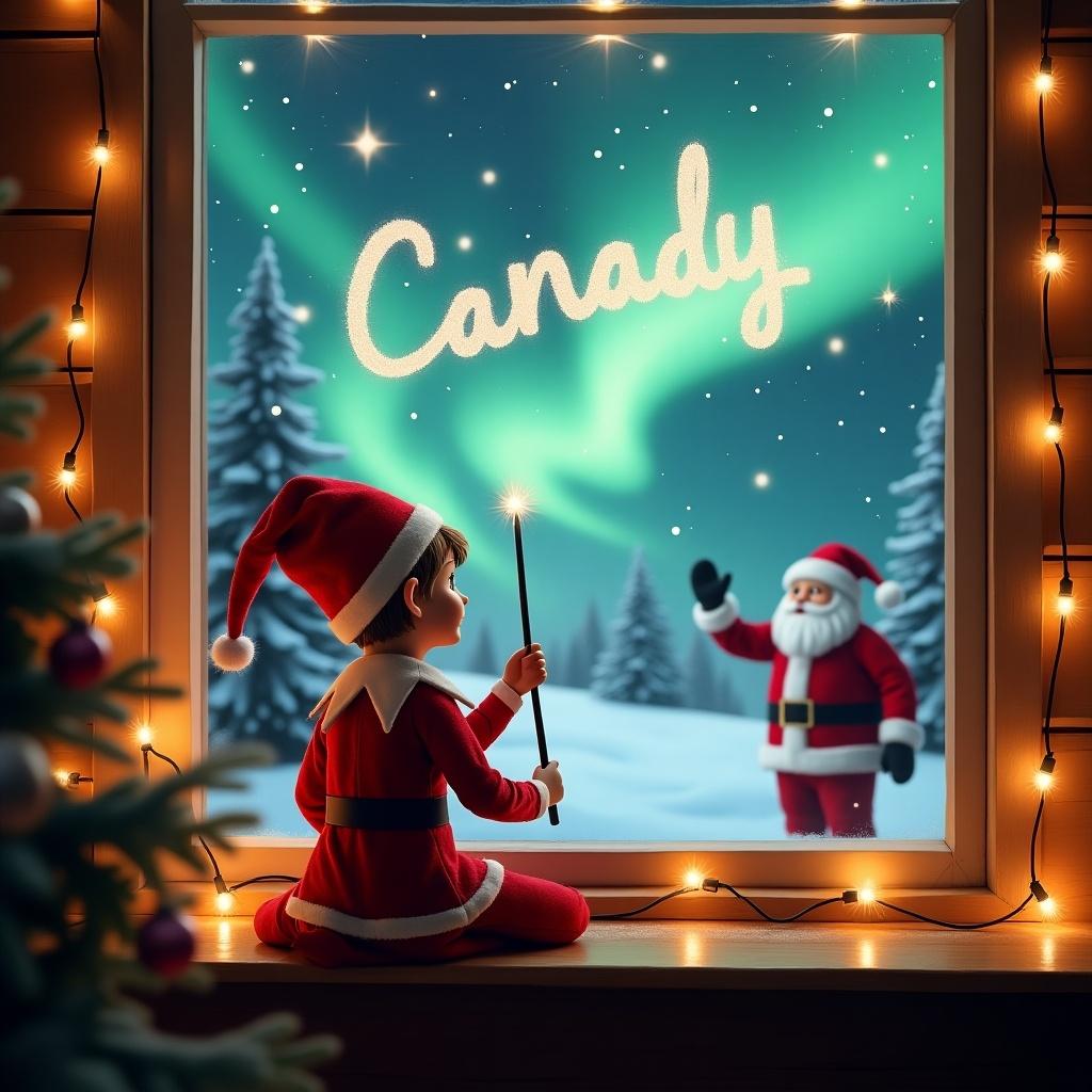 This cozy Christmas scene features an elf on the shelf sitting with her back to the viewer. She holds a magical wand, writing the word 'Canady' in the sparkling night sky. Outside the window, a beautiful winter landscape showcases dazzling northern lights. In the background, Santa Claus waves cheerfully. Bright string lights create a warm and festive ambiance inside the room. The elf is dressed in a traditional red suit with a matching hat, capturing the essence of holiday spirit. This scene encapsulates the magic and joy of the Christmas season.