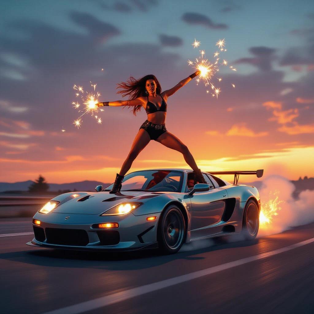 Dance-action chaos featuring a woman dancing atop a drifting race car. Sparks flying from sparklers held in her hands. Sunset gradient sky sets the backdrop. A blend of vibrant colors gives a disco feel. Motion blur emphasizes speed.