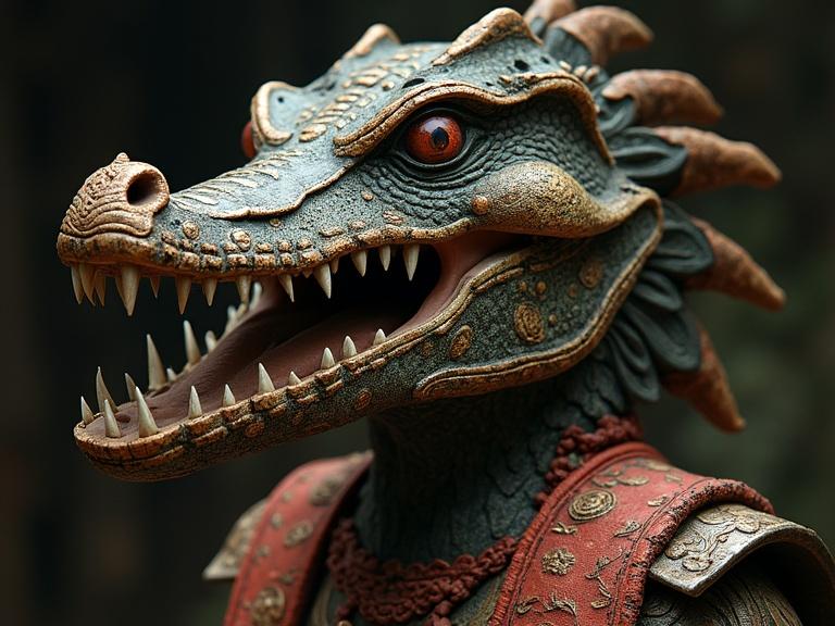 Intricate crocodile head mask with warrior features. Depicts Mayan style warrior with detailed textures and vibrant colors. Presents a fierce expression with ornate details.