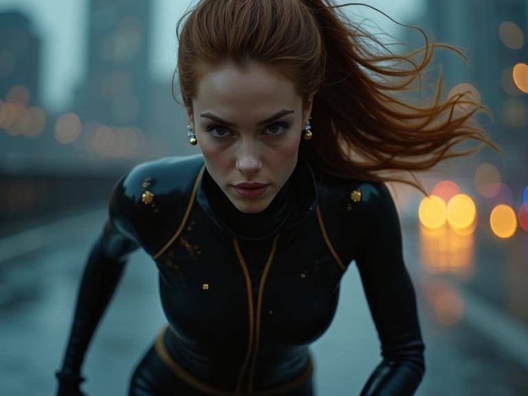 Dark cinematic image featuring young female heroes sprinting across rooftop at night. Hair blowing in the wind. Wearing sleek shiny spandex bodysuits. Close-up of a woman with reddish ponytail. Focus on dynamic movement and intense expressions.