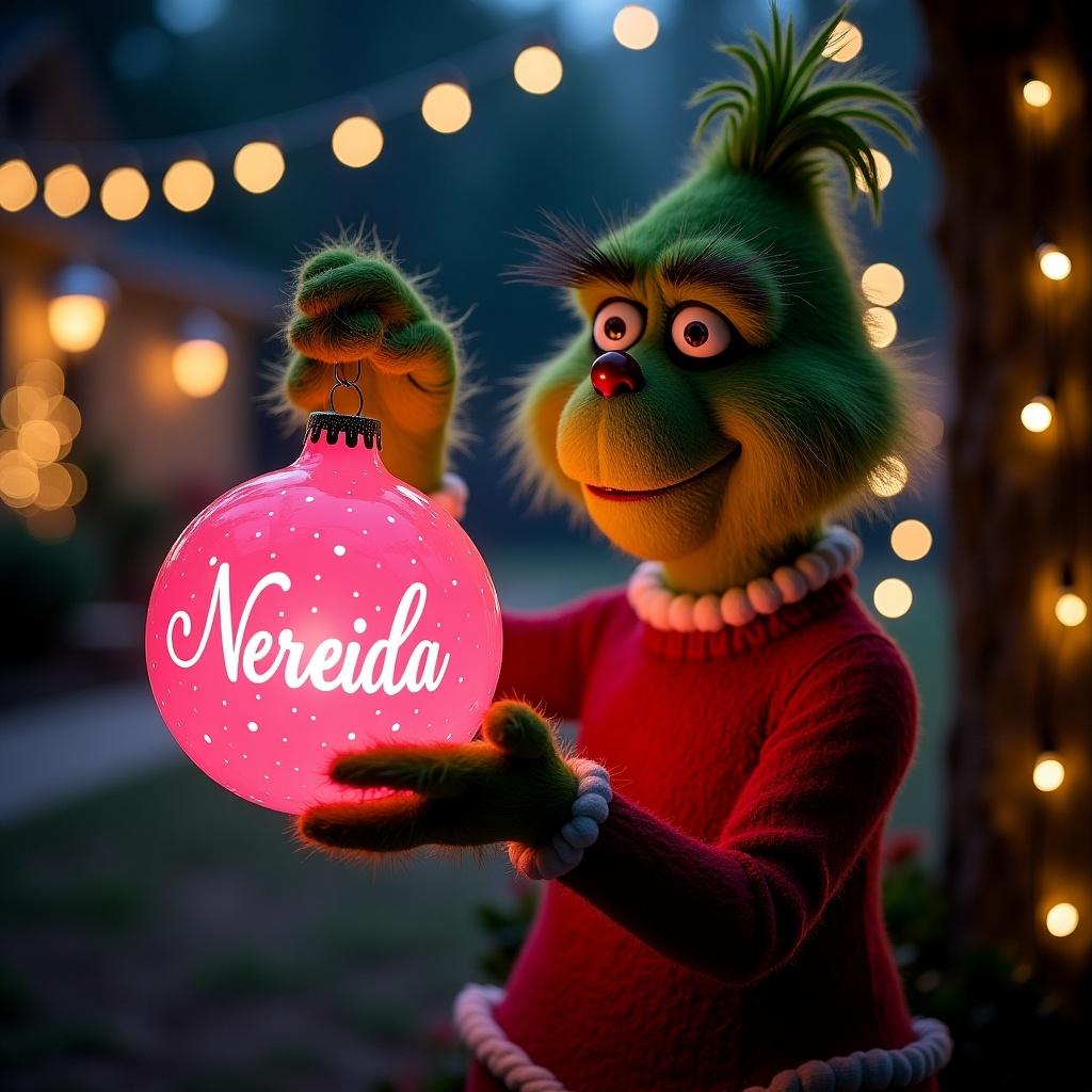 Night garden scene with Grinch holding pink glowing Christmas ornament. Ornament has name Nereida in elegant script. Twinkling Christmas lights add a magical atmosphere.