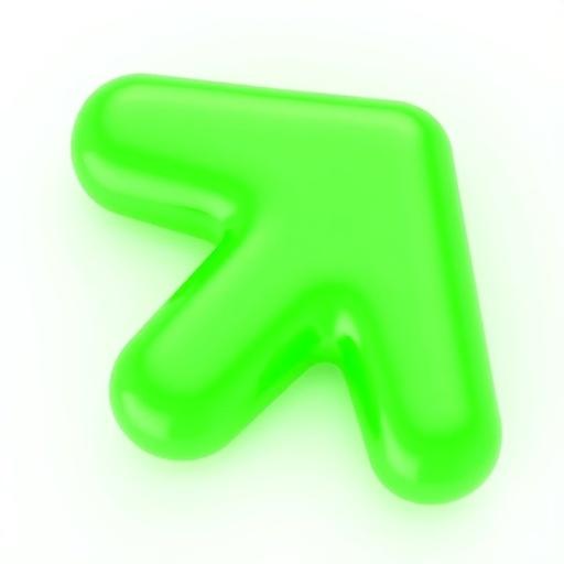 A glossy 3D green arrow with smooth curves and shiny surface viewed from above.